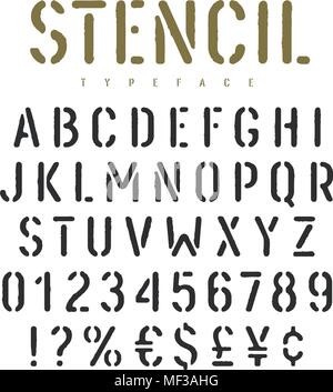 Stencil alphabet with grunge texture effect. Rough imprint stencil-plate font in military style. Vectors Stock Vector