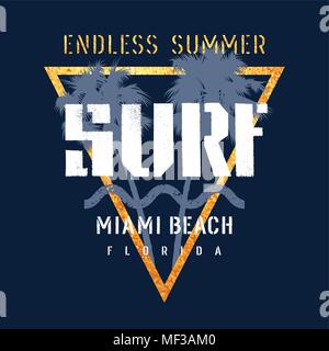 Surfing artwork. Miami Beach Florida t-shirt apparel graphic design. Vintage graphic Tee Stock Vector