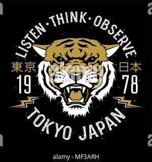 Asian Tiger patch embroidery. Vectors. T-shirt print design. Hieroglyphs meaning Tokyo Japan. Tee graphics Stock Vector