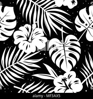 Seamless pattern with tropical leaves and flowers. Hand drawn vector background. Black white illustration Stock Vector