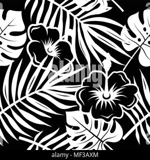 Seamless pattern with tropical palm leaves and exotic flowers. Hand drawn vector background. Trendy floral wallpaper Stock Vector