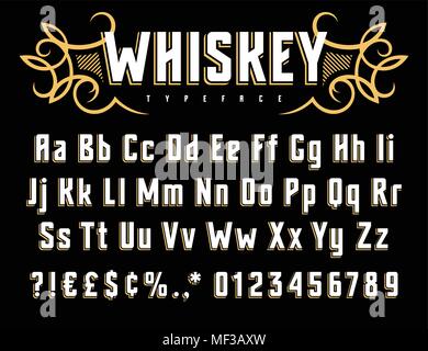 Vector alphabet in vintage style. Old whiskey label font. Uppercase, lowercase letters and numbers Stock Vector
