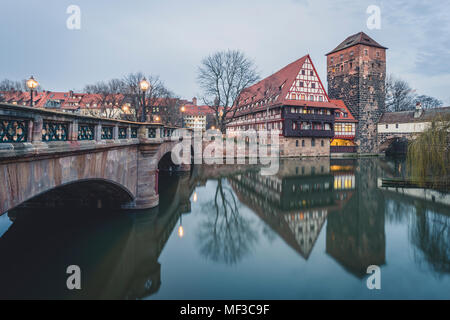 Germany, Bavaria, Nuremberg, View from Max Bridge to Weinstadel and Henkerhaus Stock Photo