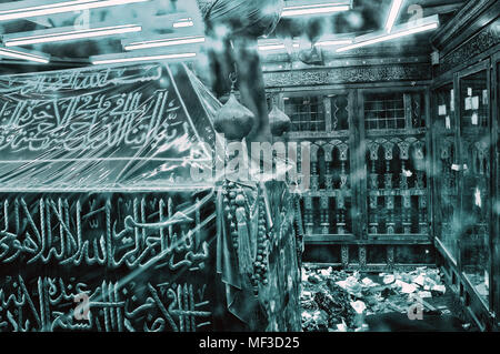 Sealed glass tomb inside Imam Muhammad al Shafi'i mausoleum who was a Muslim theologian founder of Usul al-Fiqh Islamic study located in Cairo Egypt Stock Photo