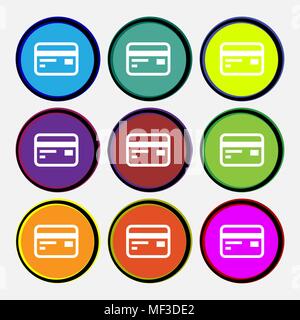 Credit, debit card  icon sign. Nine multi-colored round buttons. Vector illustration Stock Vector