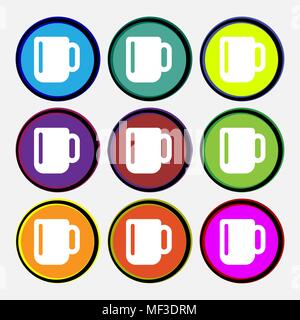 cup coffee or tea  icon sign. Nine multi-colored round buttons. Vector illustration Stock Vector