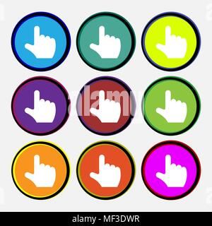 pointing hand  icon sign. Nine multi-colored round buttons. Vector illustration Stock Vector