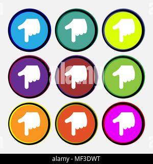pointing hand  icon sign. Nine multi-colored round buttons. Vector illustration Stock Vector