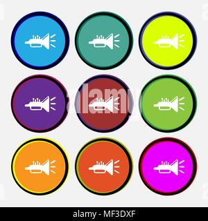 trumpet, brass instrument icon sign. Nine multi colored round buttons. Vector illustration Stock Vector