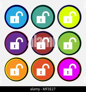 open lock icon sign. Nine multi colored round buttons. Vector illustration Stock Vector