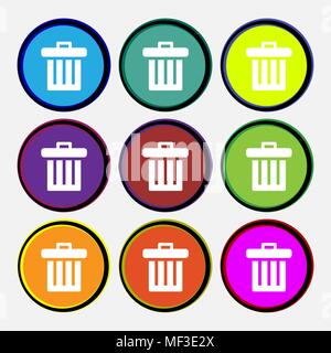 Recycle bin icon sign. Nine multi colored round buttons. Vector illustration Stock Vector