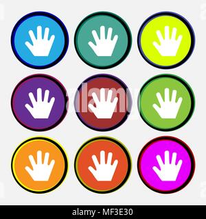 Hand icon sign. Nine multi colored round buttons. Vector illustration Stock Vector
