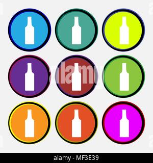bottle icon sign. Nine multi colored round buttons. Vector illustration Stock Vector