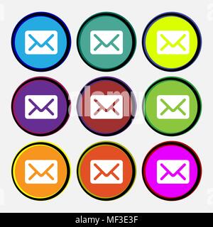 Mail, envelope, letter icon sign. Nine multi colored round buttons. Vector illustration Stock Vector