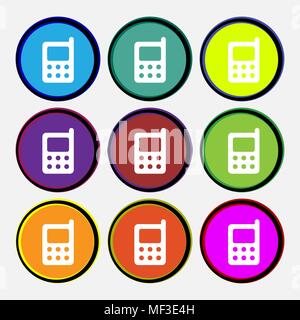 mobile phone icon sign. Nine multi colored round buttons. Vector illustration Stock Vector