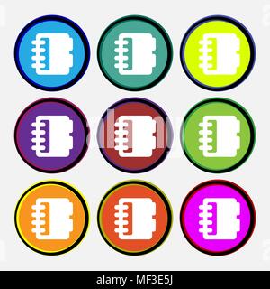 Notepad, calendar icon sign. Nine multi colored round buttons. Vector illustration Stock Vector