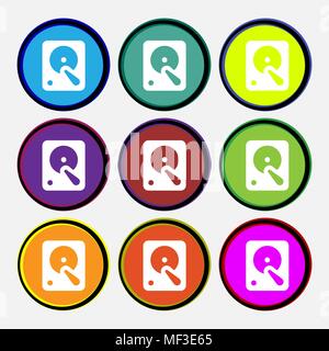 hard disk icon sign. Nine multi colored round buttons. Vector illustration Stock Vector