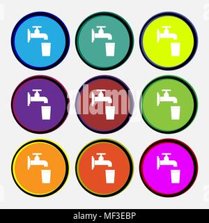 faucet, glass, water icon sign. Nine multi colored round buttons. Vector illustration Stock Vector