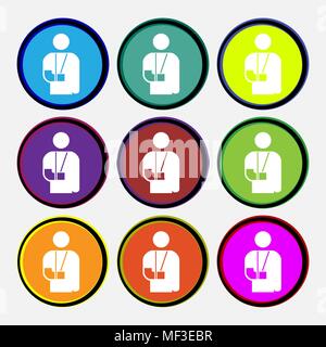 broken arm, disability icon sign. Nine multi colored round buttons. Vector illustration Stock Vector