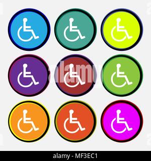 disabled icon sign. Nine multi colored round buttons. Vector illustration Stock Vector