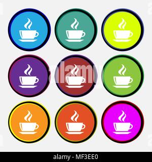 tea, coffee icon sign. Nine multi colored round buttons. Vector illustration Stock Vector