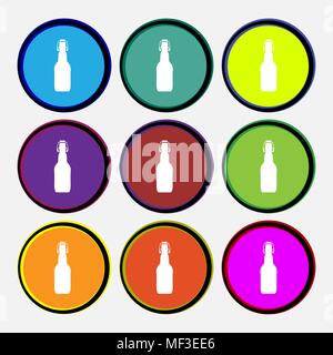 bottle icon sign. Nine multi colored round buttons. Vector illustration Stock Vector