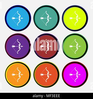 bow and arrow icon sign. Nine multi colored round buttons. Vector illustration Stock Vector
