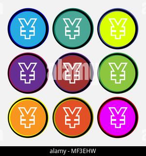 Yen JPY icon sign. Nine multi colored round buttons. Vector illustration Stock Vector