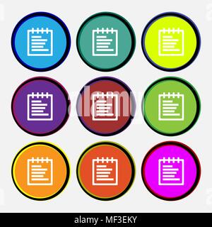 Notepad icon sign. Nine multi colored round buttons. Vector illustration Stock Vector