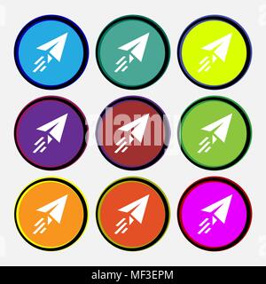 Paper airplane icon sign. Nine multi colored round buttons. Vector illustration Stock Vector