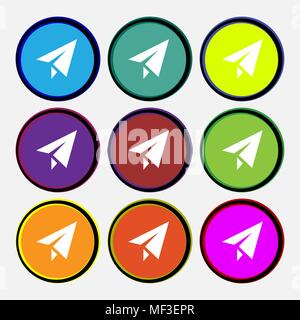 Paper airplane icon sign. Nine multi colored round buttons. Vector illustration Stock Vector