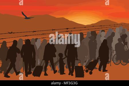 Silhouettes of refugees people behind barbed wire on sunset, vector illustration Stock Vector