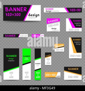 Multicolor web banner templates set with shadow on transparent background. Standard internet size banners collection dimensions in pixels Stock Vector