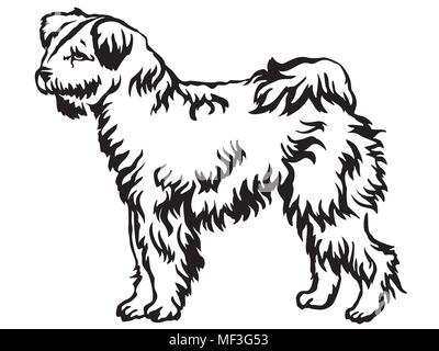 Decorative portrait of standing in profile Pumi dog, vector isolated illustration in black color on white background Stock Vector