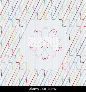 Traditional Japanese Embroidery Ornament with sakura flower. Colorful Sashiko motif - arrow feathers. Abstract vector backdrop. Needlework texture. Ca Stock Vector