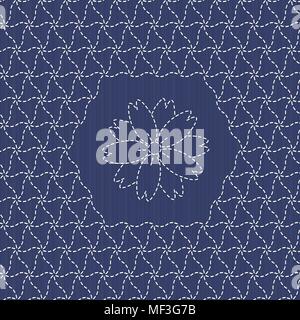 Traditional Japanese Embroidery Ornament with sakura flower.  Sashiko motif - monochrome plover (chidori).  Abstract backdrop. Needlework texture. Vec Stock Vector
