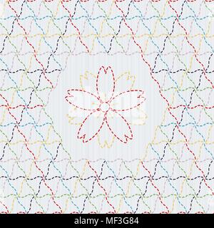 Traditional Japanese Embroidery Ornament with sakura flower. Colorful Sashiko motif - monochrome plover (chidori). Abstract vector backdrop. Needlewor Stock Vector