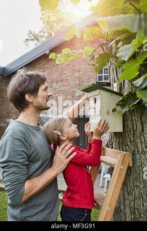 Father and daughter hanging up nest box in garden Stock Photo