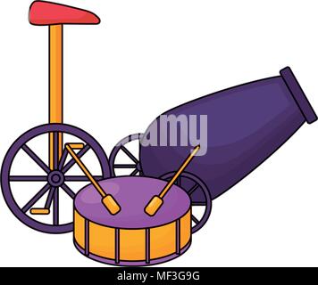 circus carnival design with canon with drum and monocycle over white background, colorful design. vector illustration Stock Vector