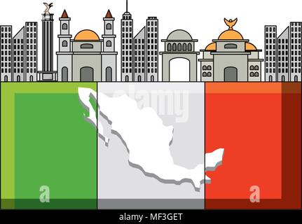 flag of mexico with iconic mexican building icon over white background, colorful design. vector illustration Stock Vector