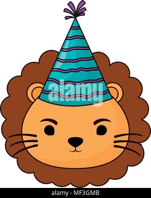 cute lion with party hat over white background, vector illustration ...