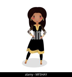 Smiling girl wearing Salwar Kameez. Cartoon character. Golden and Black dress. Evening outfit. Young girl going on a date. Beautiful indian woman in t Stock Vector