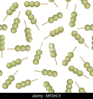 Traditional japanese sweets with mugwort (yomogi). Green dango on the skewer. Seamless pattern. Asian cuisine. Japanese wagashi - the dumplings made f Stock Vector