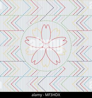 Sashiko. Abstract seamless pattern. Sakura flower in the frame. Quilting motif for a fancywork. Traditional japanese embroidery with blooming sakura f Stock Vector