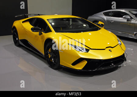 CROATIA ZAGREB, 13 APRIL 2018: view of a yellow Lamborghini Huracan LP640 Performante at Zagreb auto show, Croatia Stock Photo