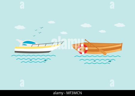 Collection of nautical vehicles: sail boat, ship, vessel, luxury yacht, speedboat, rowboat with wooden paddle and buoy. Vector set icons isolated on b Stock Vector