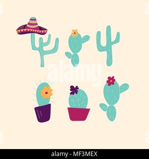 Hand drawn cactus icons. Can be used for banner or card for Cinco de Mayo celebration. Holiday poster . Vector Mexican fiesta. Stock Vector