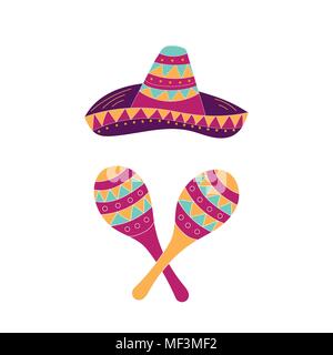 Hand drawn sombrero and maraca icons isolated on white background. Can be used for banner or card for Cinco de Mayo celebration. Holiday poster . Vect Stock Vector