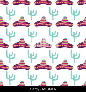 Seamless pattern with hand drawn sombrero, cactus. Can be used for banner or card for Cinco de Mayo celebration. Holiday poster . Vector Mexican fiest Stock Vector