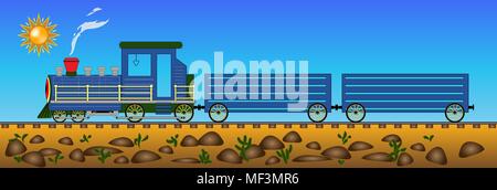 locomotive blue riding in the desert with cactuses vector illustration Stock Vector